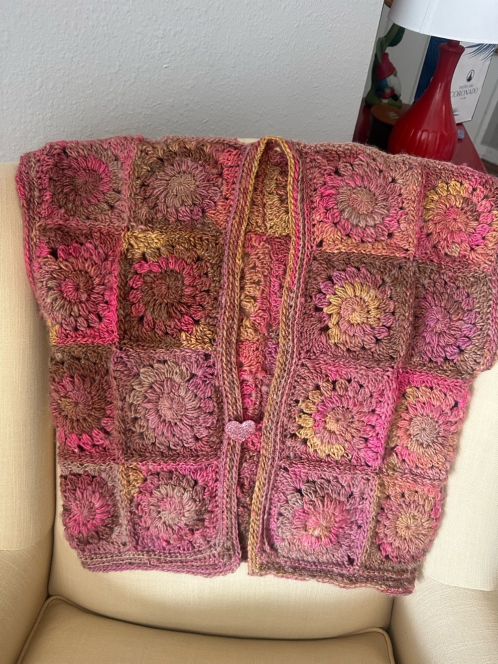Handmade Crochet Granny Square Cardigan in Pink-Brown Ombre